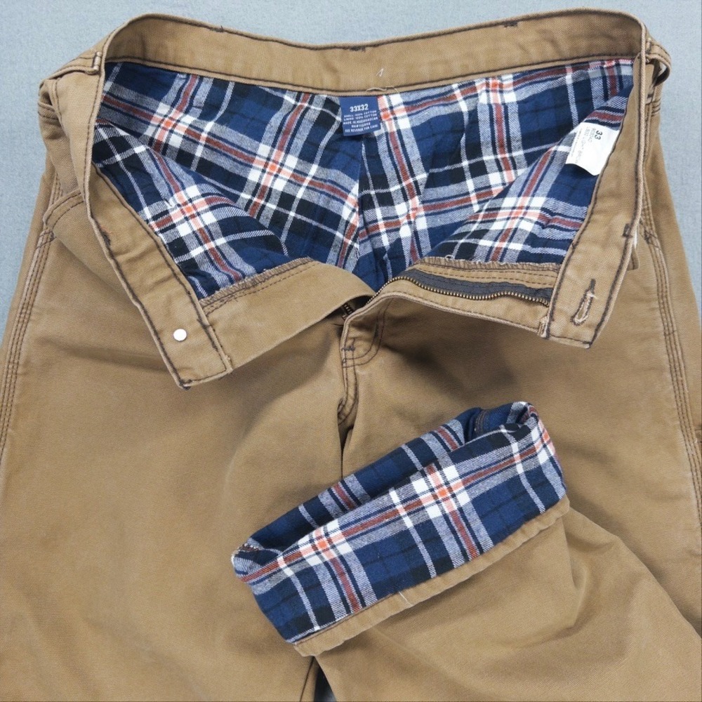 LL Bean Flannel Lined Carpenter Pants Mens 33x32 Brown Canvas Workwear Utility